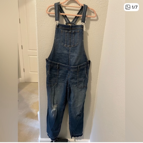 Indigo Blue Women's Distressed maternity Denim Overalls - Picture 5 of 8
